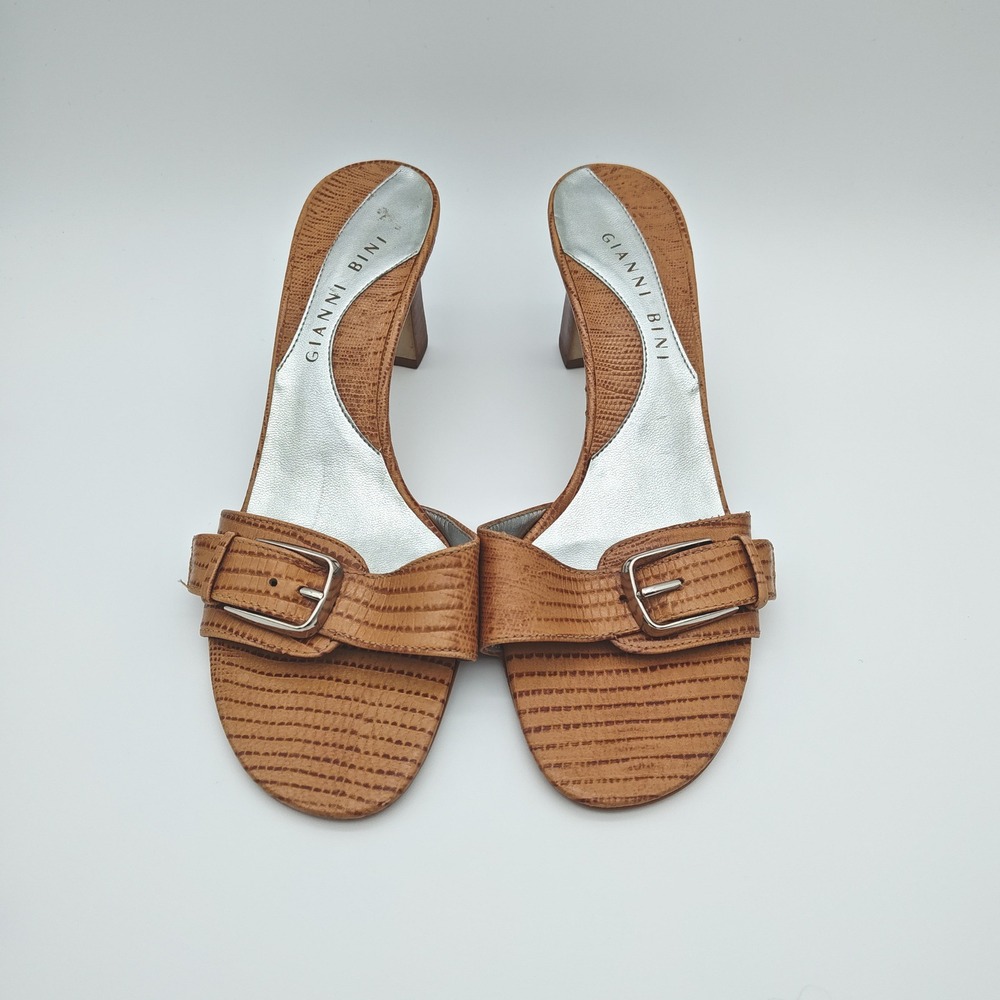 Gianni Bini Trick Tan Leather Lizard Embossed Buckle Mule Sandals Heels Mens 8.5